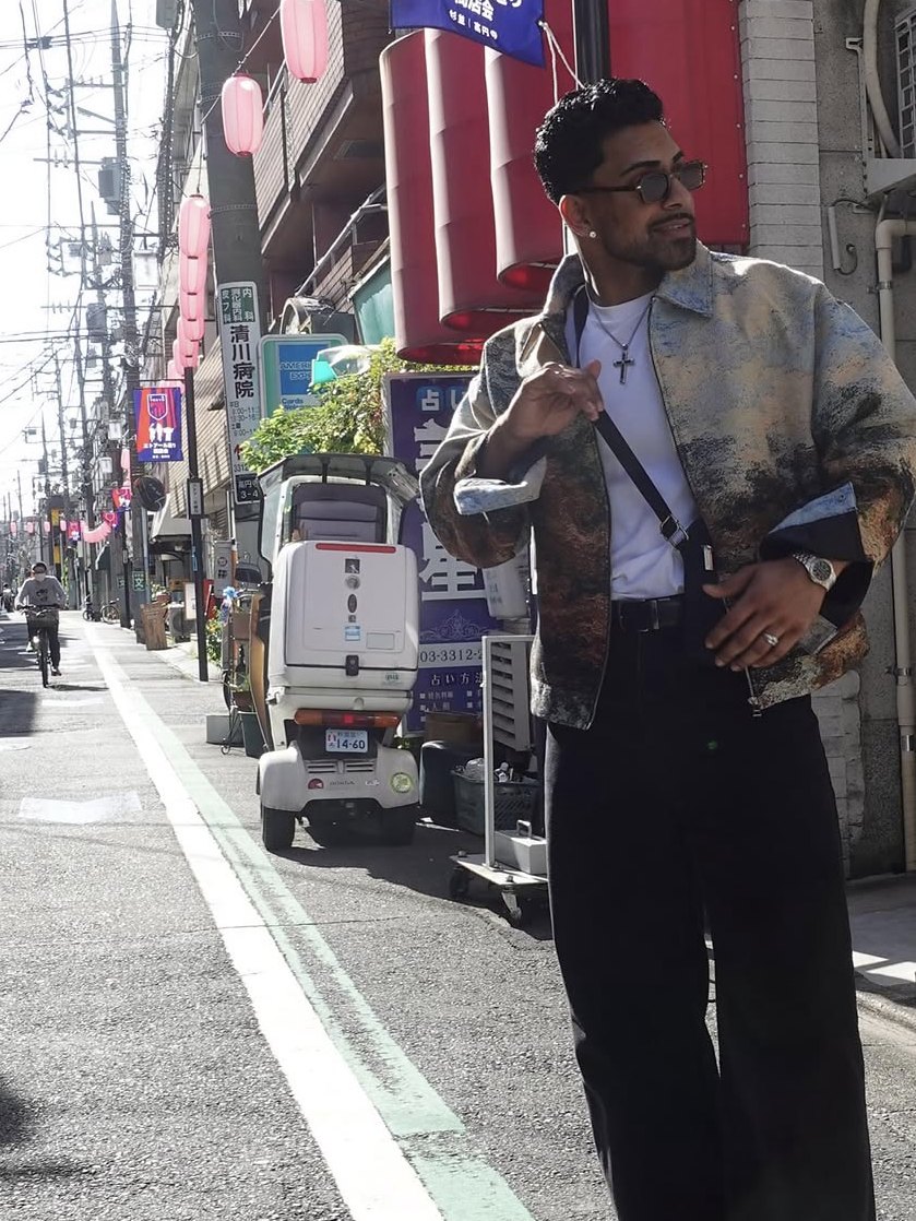 Printed jacket and wide trousers on a Tokyo street